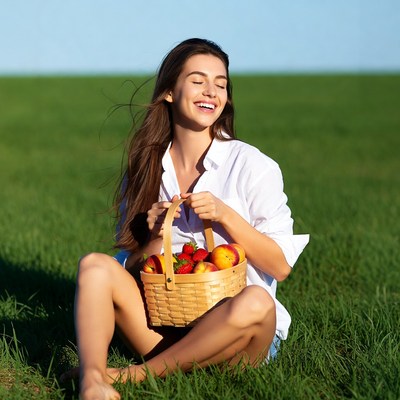 Woman holding basket of peaches strawberries
