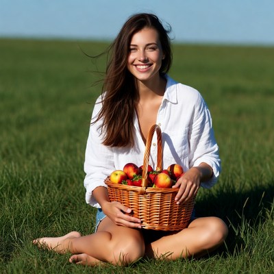 Woman holding basket of apples in grass