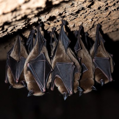 Bats hanging from cave ceiling