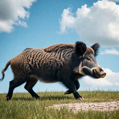 Wild Boar Running in Grass
