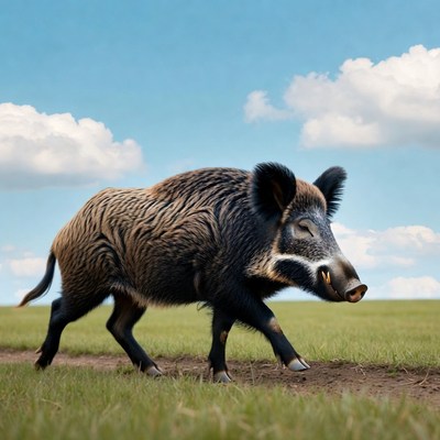 Wild Boar Running in Grass Field