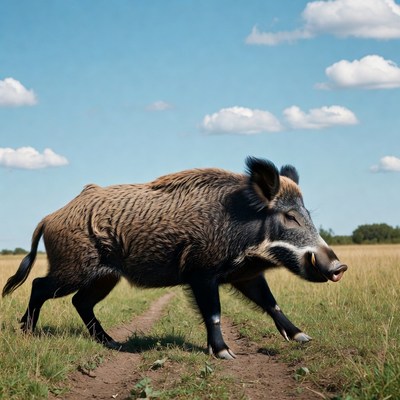 Wild Boar Running in Grass Field
