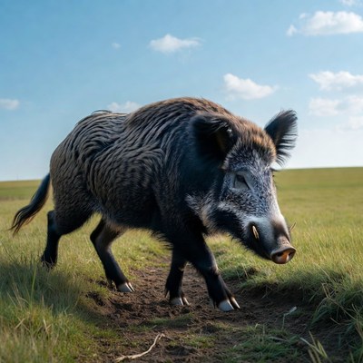 Wild Boar Walking in Grass Field