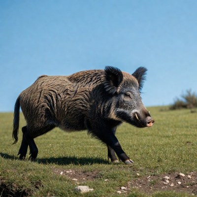 Wild Boar Walking in Grassland
