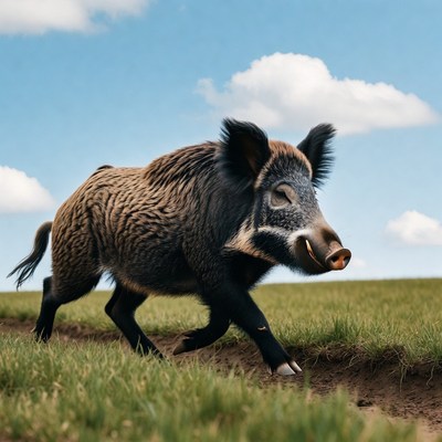 Wild Boar Running in Grass Field