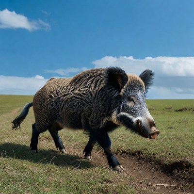 Wild Boar Walking in Grass Field