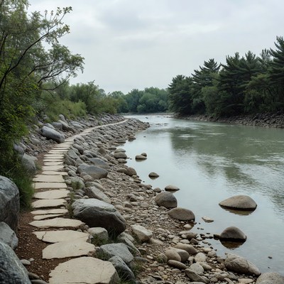 Stone path along riverbank