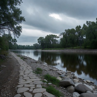 Stone path along river under cloudy sky