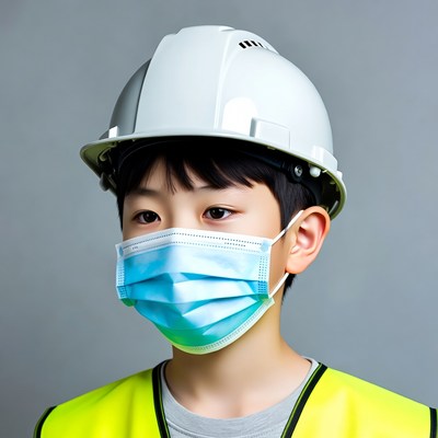 Asian boy in hard hat and mask