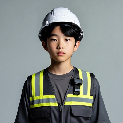 Asian boy wearing hard hat vest