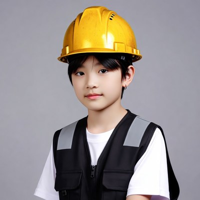 Asian boy wearing yellow hard hat