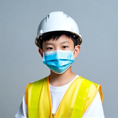 Asian boy in hard hat and mask