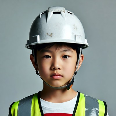 Asian boy wearing hard hat and vest