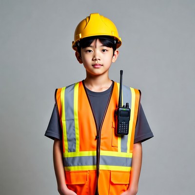 Asian boy in construction worker outfit
