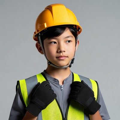 Asian boy in yellow hard hat and vest
