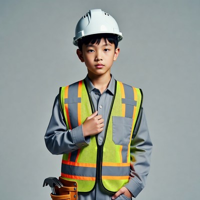 Asian boy in hard hat and vest