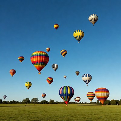Colorful Hot Air Balloons Over Green Field