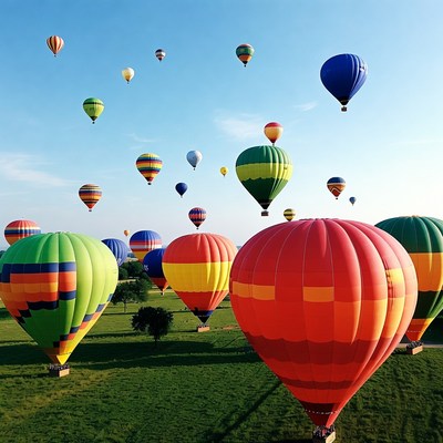 Colorful Hot Air Balloons Over Grass Field