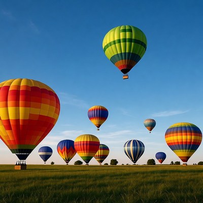 Colorful Hot Air Balloons Over Grass Field