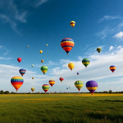 Colorful Hot Air Balloons Over Green Field