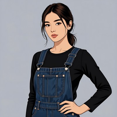 Asian woman in blue overalls