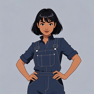 Asian woman in blue overalls