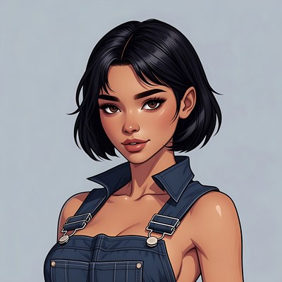 Asian woman in denim overalls