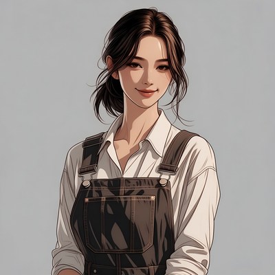 Asian woman in white shirt and denim overalls