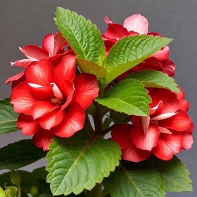 Red Impatiens Flowers with Green Leaves