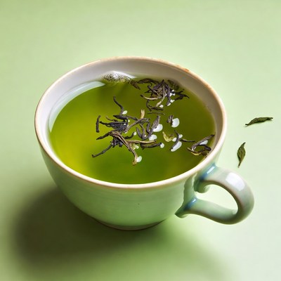 Green tea in cup with leaves