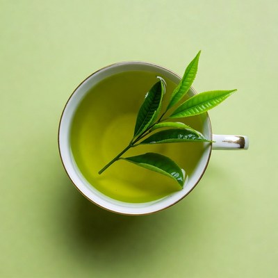 Green Tea in Cup with Leaves