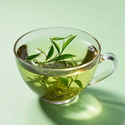 Glass cup of green tea leaves
