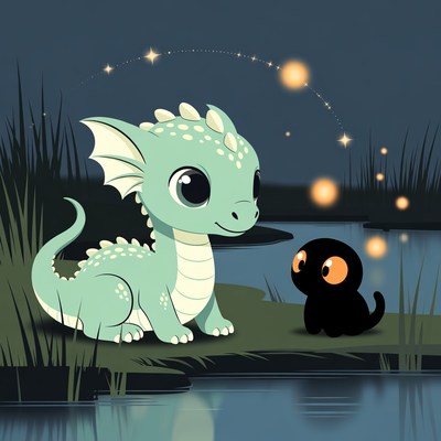 Cute green dragon and black kitten by pond