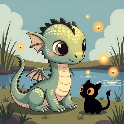 Cute green baby dragon with black cat