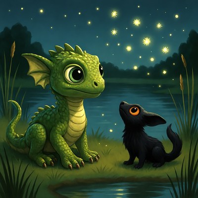Cute green baby dragon with black puppy