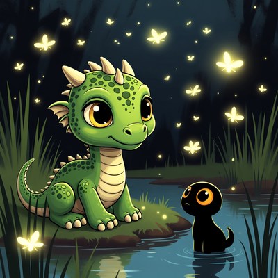 Cute green baby dragon with black kitten