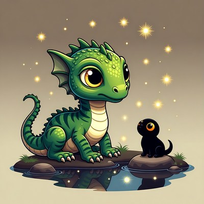 Cute green baby dragon with kitten
