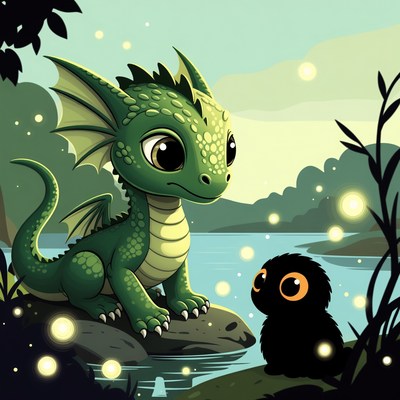 Cute green baby dragon with black furball