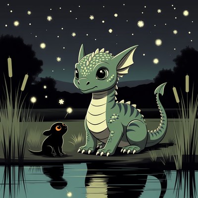 Cute baby dragon and kitten by water