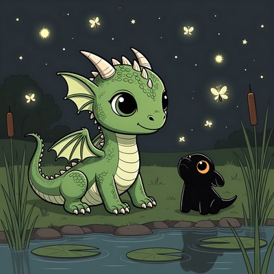 Cute green baby dragon with black puppy