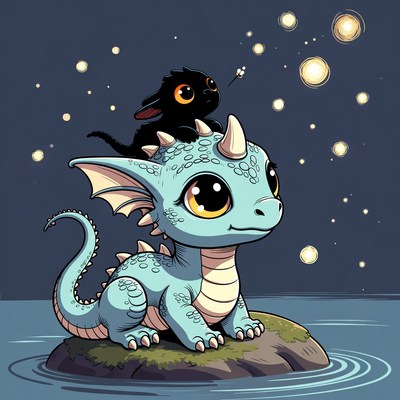 Cute Blue Baby Dragon with Black Kitten