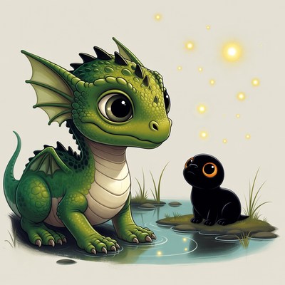 Cute green baby dragon with black dragon