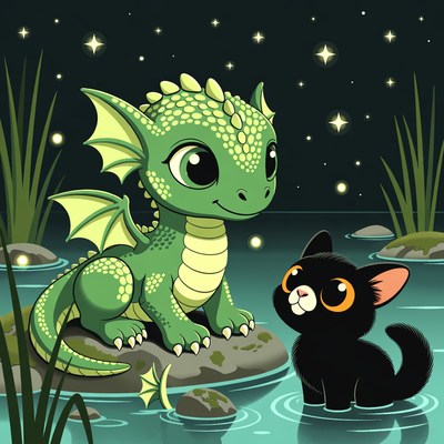 Cute green baby dragon and black kitten