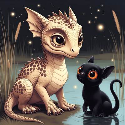 Baby Dragon and Black Kitten by Water