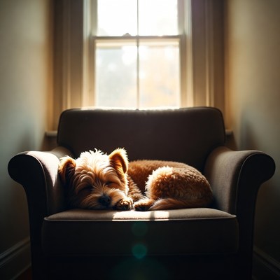 Yorkie sleeping in armchair by window