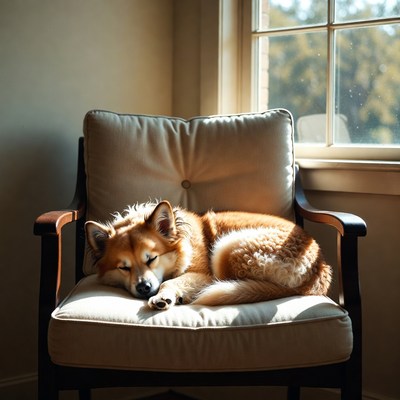Sleeping Red Fox-Like Dog on Chair