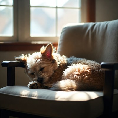 Fluffy dog sleeping on armchair