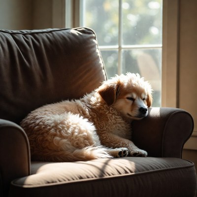 Golden retriever puppy sleeping on armchair