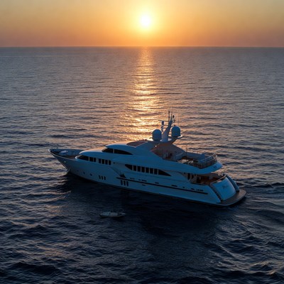 White Yacht at Sunset Sea