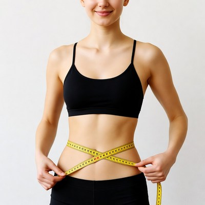 Woman measuring slim waist with tape